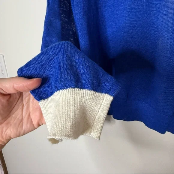 Boden Liv Linen Cardigan in bright blue with white bordering varsity size XL - Picture 8 of 12